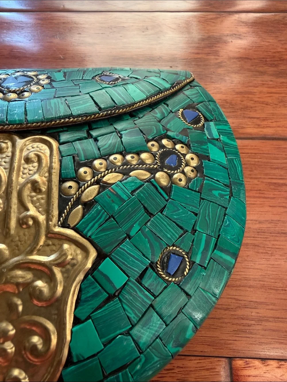 Ramla Green Mosaic Clutch with Gold Hamsa Accent Moroccan